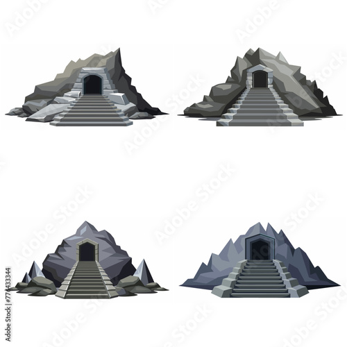 Dungeon entrance stairway set. Cave stone staircase. Gray rock cavern. Ancient dungeon, grotto Mountain tunnel entrance stairs Entry to cave underground Game location symbol. Vector object collection.