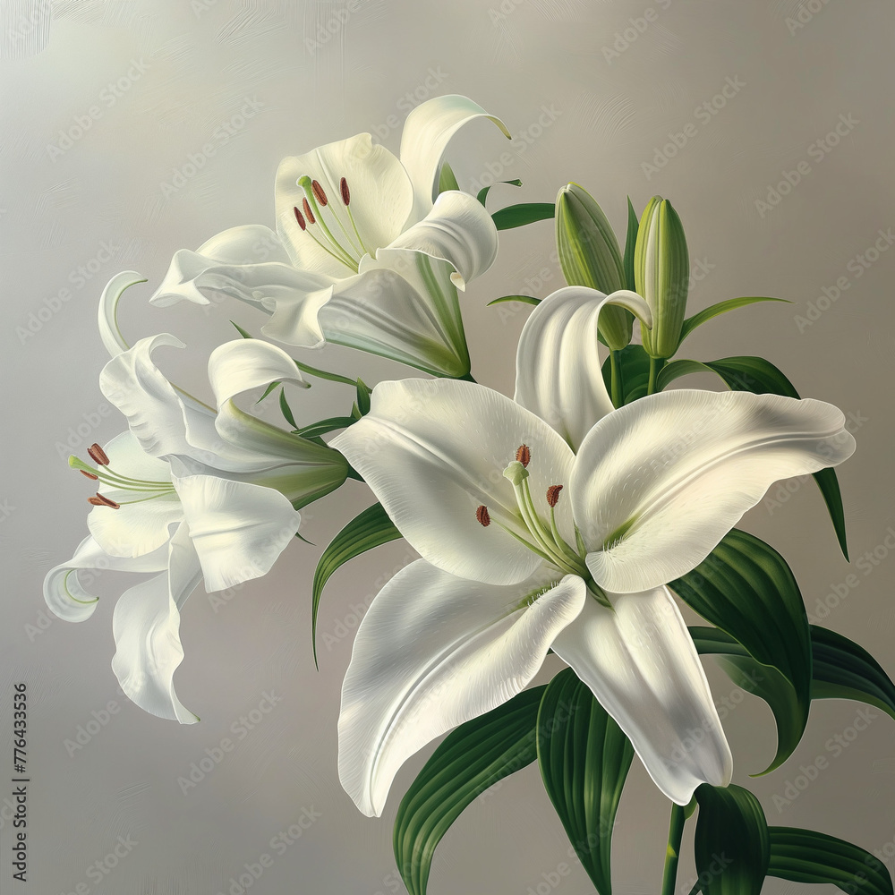 Fototapeta premium Realistic white lilies illustration, floral art with soft background