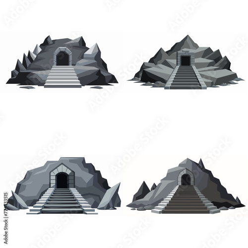 Dungeon entrance stairway set. Cave stone staircase. Gray rock cavern. Ancient dungeon, grotto Mountain tunnel entrance stairs Entry to cave underground Game location symbol. Vector object collection.