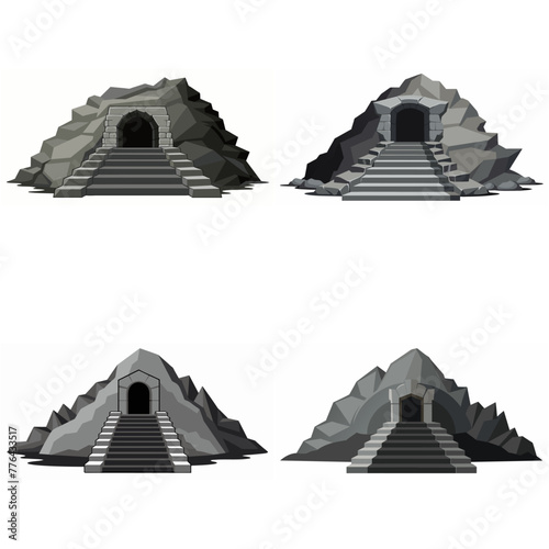 Dungeon entrance stairway set. Cave stone staircase. Gray rock cavern. Ancient dungeon, grotto Mountain tunnel entrance stairs Entry to cave underground Game location symbol. Vector object collection.