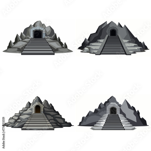 Dungeon entrance stairway set. Cave stone staircase. Gray rock cavern. Ancient dungeon, grotto Mountain tunnel entrance stairs Entry to cave underground Game location symbol. Vector object collection.