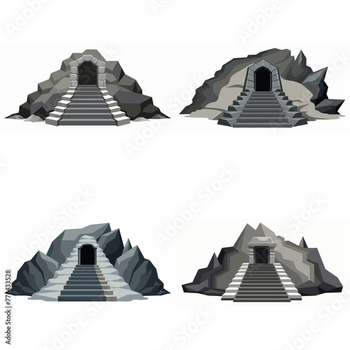 Dungeon entrance stairway set. Cave stone staircase. Gray rock cavern. Ancient dungeon, grotto Mountain tunnel entrance stairs Entry to cave underground Game location symbol. Vector object collection.