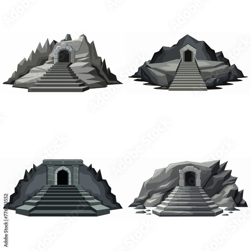 Dungeon entrance stairway set. Cave stone staircase. Gray rock cavern. Ancient dungeon, grotto Mountain tunnel entrance stairs Entry to cave underground Game location symbol. Vector object collection.