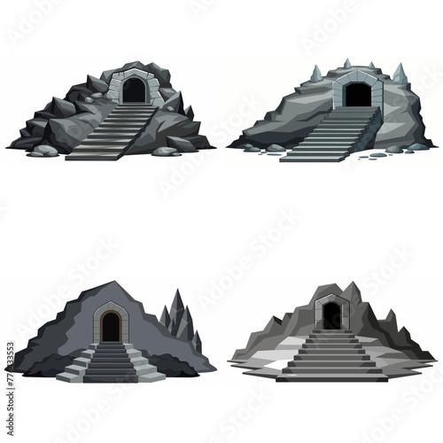 Dungeon entrance stairway set. Cave stone staircase. Gray rock cavern. Ancient dungeon, grotto Mountain tunnel entrance stairs Entry to cave underground Game location symbol. Vector object collection.