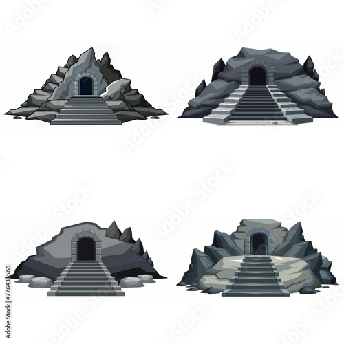 Dungeon entrance stairway set. Cave stone staircase. Gray rock cavern. Ancient dungeon, grotto Mountain tunnel entrance stairs Entry to cave underground Game location symbol. Vector object collection.