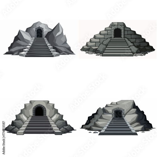 Dungeon entrance stairway set. Cave stone staircase. Gray rock cavern. Ancient dungeon, grotto Mountain tunnel entrance stairs Entry to cave underground Game location symbol. Vector object collection.