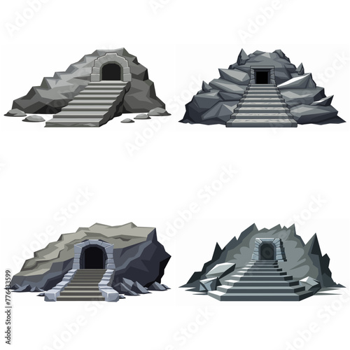 Dungeon entrance stairway set. Cave stone staircase. Gray rock cavern. Ancient dungeon, grotto Mountain tunnel entrance stairs Entry to cave underground Game location symbol. Vector object collection.