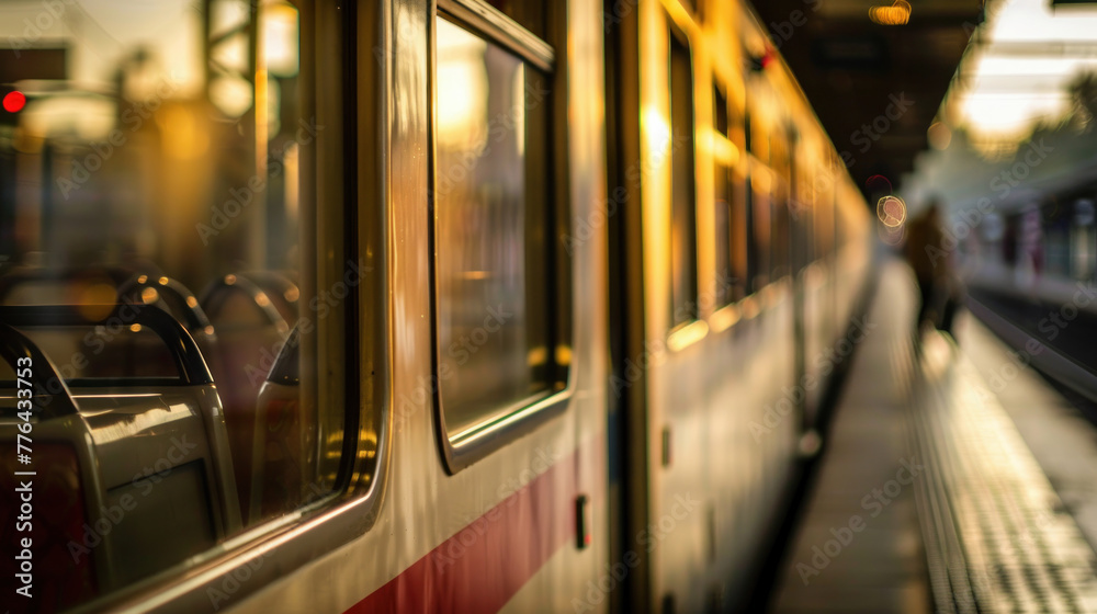 Golden Hour Departure: Train Awaiting Passengers on a Radiant Evening Platform Golden Hour Departure: Train Awaiting Passengers on a Radiant Evening Platform