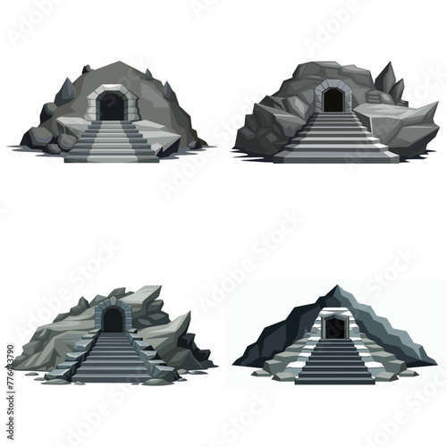 Dungeon entrance stairway set. Cave stone staircase. Gray rock cavern. Ancient dungeon, grotto Mountain tunnel entrance stairs Entry to cave underground Game location symbol. Vector object collection.