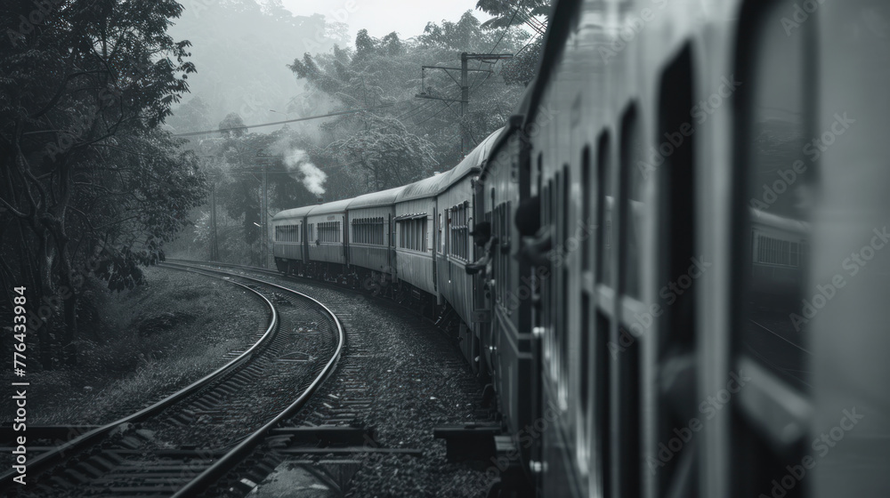 Monochrome image of a train curving through a misty landscape.