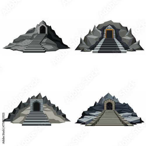 Dungeon entrance stairway set. Cave stone staircase. Gray rock cavern. Ancient dungeon, grotto Mountain tunnel entrance stairs Entry to cave underground Game location symbol. Vector object collection.