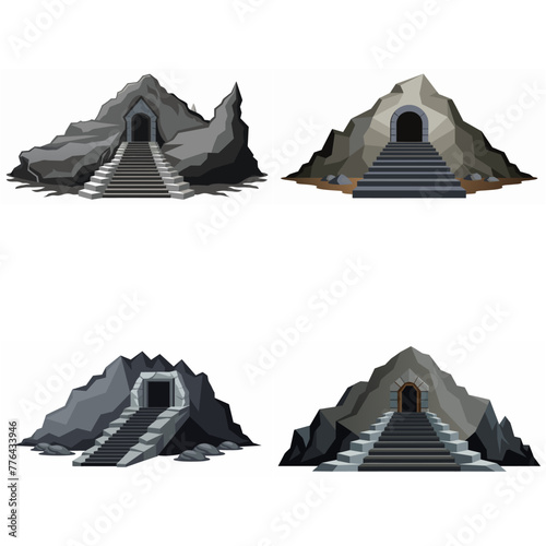 Dungeon entrance stairway set. Cave stone staircase. Gray rock cavern. Ancient dungeon, grotto Mountain tunnel entrance stairs Entry to cave underground Game location symbol. Vector object collection.