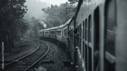 Monochrome image of a train curving through a misty landscape. © Derrick