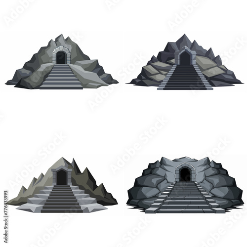 Dungeon entrance stairway set. Cave stone staircase. Gray rock cavern. Ancient dungeon, grotto Mountain tunnel entrance stairs Entry to cave underground Game location symbol. Vector object collection.