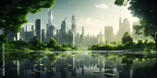 Cityscape with green trees and reflection in water. 3D rendering