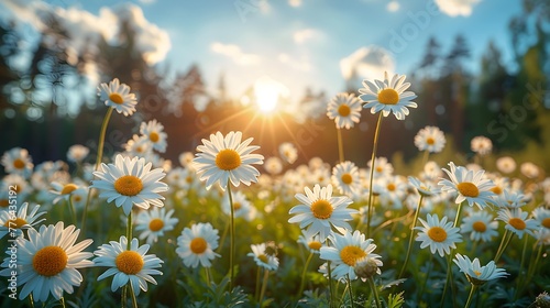 Beautiful blurred spring background nature with blooming glade chamomile  trees and blue sky on a sunny day.