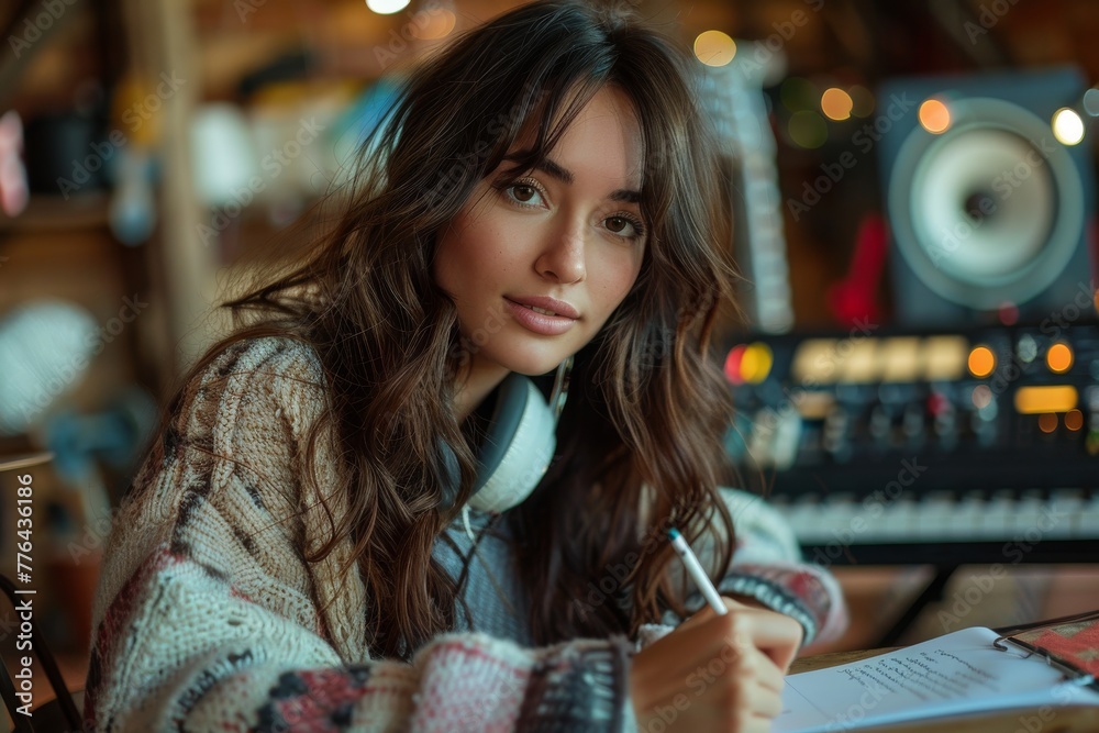 A beautiful young woman with headphones is writing notes in a notebook, sitting in a cozy music studio with recording equipment in the background