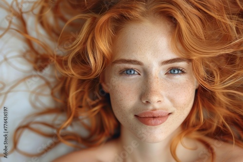 Intimate overhead photo of a redhead woman with captivating green eyes and flowing hair  symbolizing natural allure