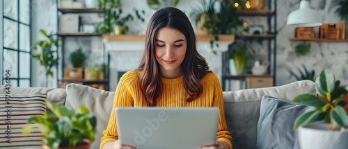 Woman typing on laptop at home desk working remotely in living room. Concept Remote Work, Home Office, Technology, Digital Nomad, Work-Life Balance photo