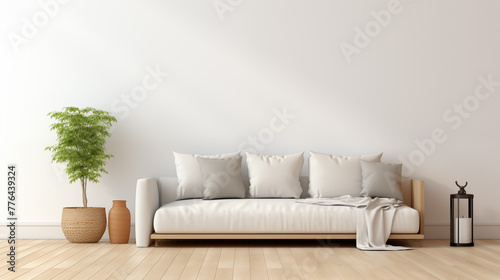 Elegant White Sofa with Decorative Pillows and Indoor Plants in a Modern Living Room