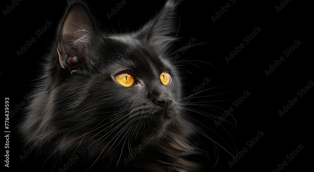 portrait of a black cat, photo studio setting with main lighting, isolated black background and free space
