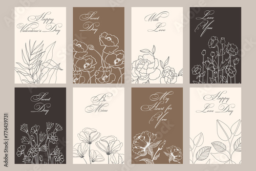 Set of botanical cards, posters. Linear flowers and plants in beige colors. Templates, vector