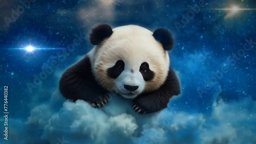 Cute baby panda is sleeping peacefully on a starry cloud, seamless looping animation video background 
