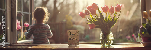 Image of a mother and child playing in the garden with pink tulips blooming in the window. photo