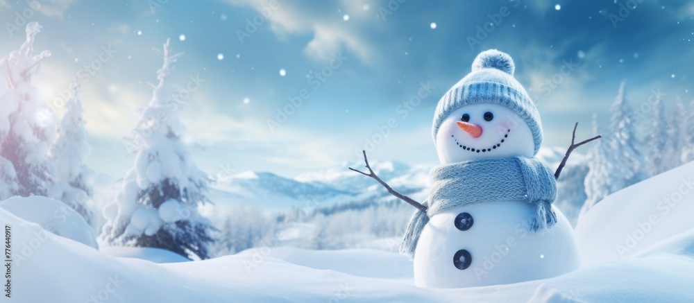 Fototapeta premium Snow-covered ground with a snowman standing among leafless trees in a serene winter scene