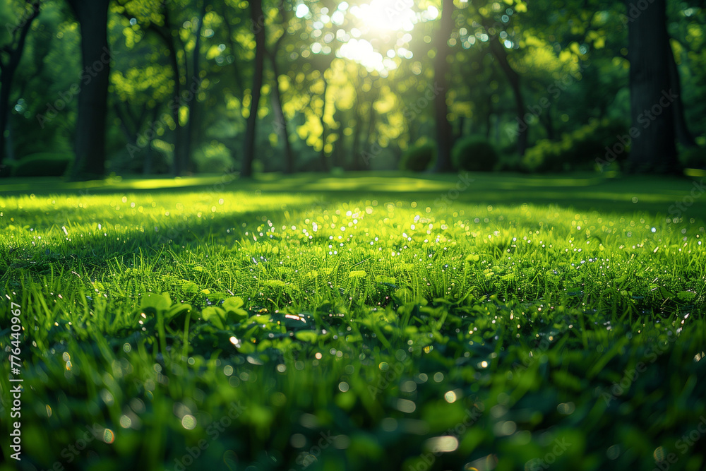 A lush green field with trees in the background