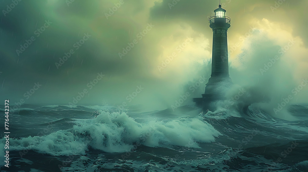 solitude of a lone lighthouse against a stormy sea