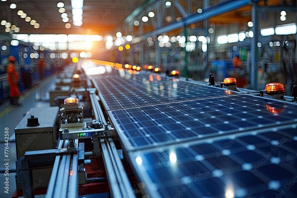 Automation factory with robot assembly line produce solar panels, industry 4.0