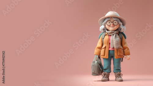 Cartoon senior female tourist explorer with backpack, hiking traveller
