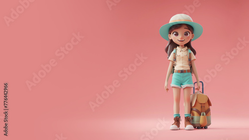 Cartoon tourist girl explorer with backpack, hiking traveler isolated