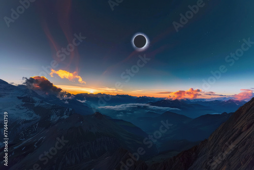 Total Solar Eclipse Over a Majestic Mountain Landscape at Sunset