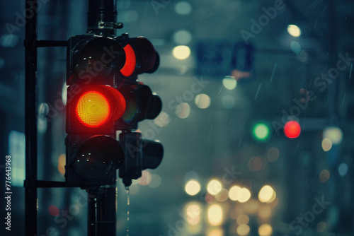 Red traffic light glows on a rainy evening with city lights blurred in the background. photo