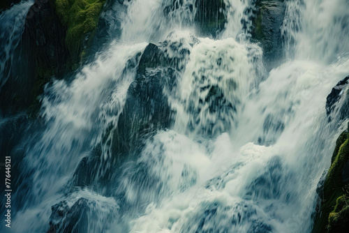 Powerful rushing waterfall in a lush green environment