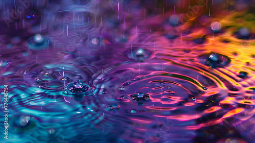 A close-up of rain falling on a pond, each drop causing ripples that carry vibrant, neon colors.