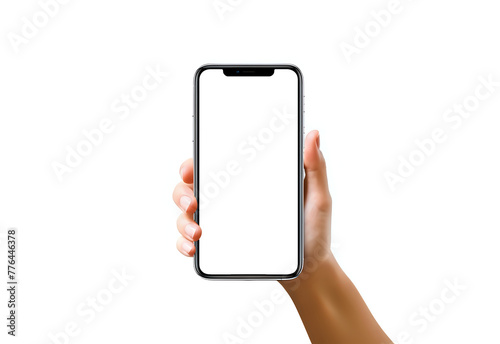 Hand Holding Smartphone with Blank Screen.
A realistic depiction of a hand gently holding a smartphone with a blank screen, set against a pure white background, perfect for mockups and presentations t