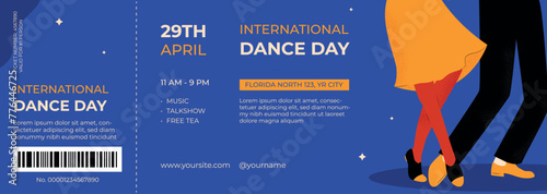 Hand drawn international dance day illustration ticket template. Woman and man dancing. Invitation. Vector illustration