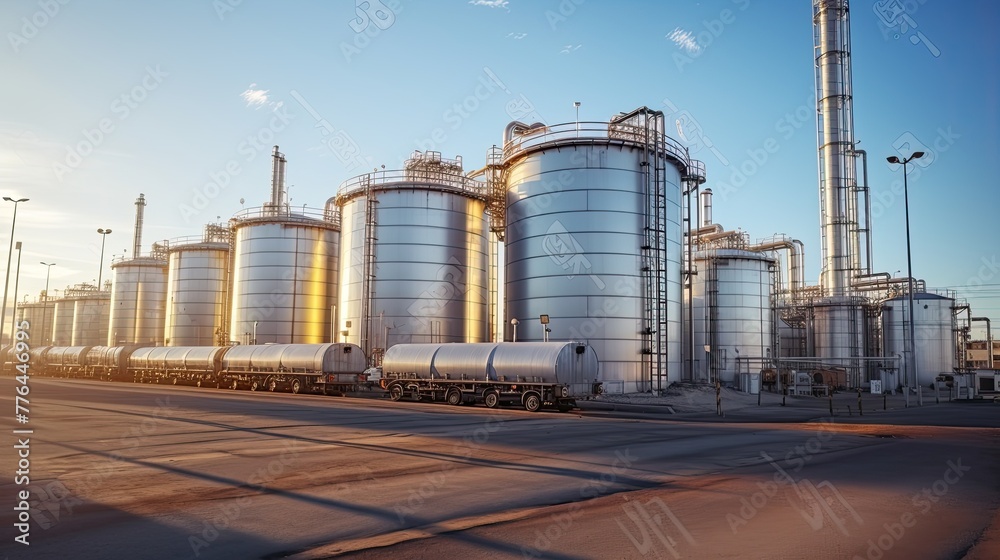 Obraz premium Row of storage tanks under blue sky