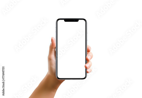 Minimalist Smartphone Mockup. A sleek and simple smartphone mockup held in a hand against a white backdrop, ideal for a focused and clear display of mobile apps or interface designs. © Yuliia