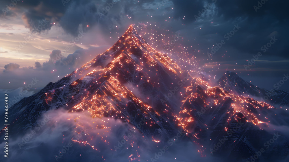A mountain summit where the air is filled with floating, luminous particles.