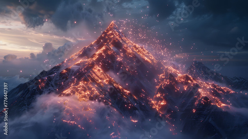 A mountain summit where the air is filled with floating  luminous particles.