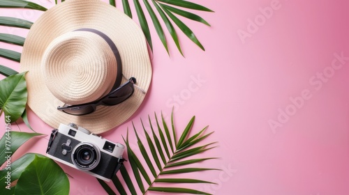 Top view summer concept background. Summer accesories on a pink background photo