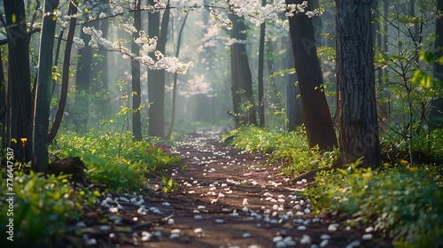 Spring blossoms adorning the trees along a woodland trail photo
