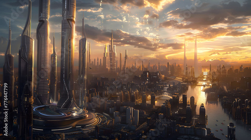 A panorama of a city where the architecture is a blend of organic and futuristic designs.