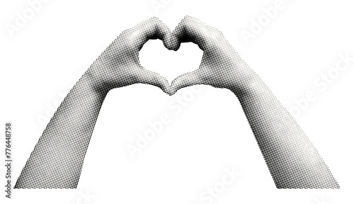 hands forming heart shape isolated retro magazine halftone dotted texture collage element for mixed design