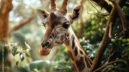 Close up of giraffe's head and neck with its long, smooth visible in soft sunlight filtering through dense foliage, focus on the face.