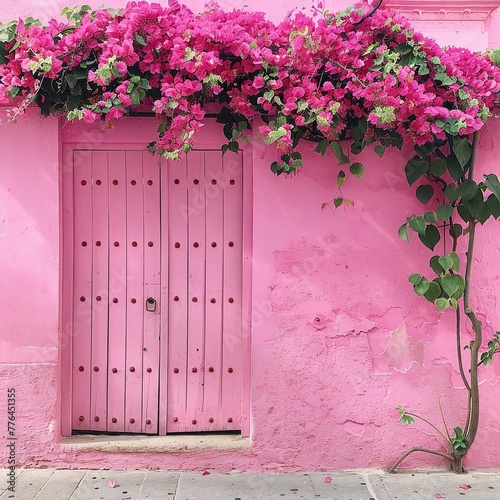 A Pink Building With A Pink Door And Flowers 